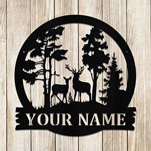 Last Name Signs for Home, Deer Forest Custom Metal Name Signs Personalized, Rustic Cabin Wall Decor Art for Outdoor Outside Lake House (30 inch, Hammered copper)