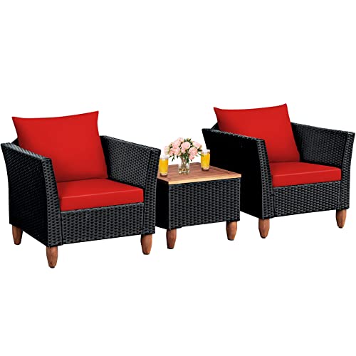 COSTWAY 3PCS Outdoor Patio Rattan Furniture Set Wooden Table Top Cushioned Sofa Red