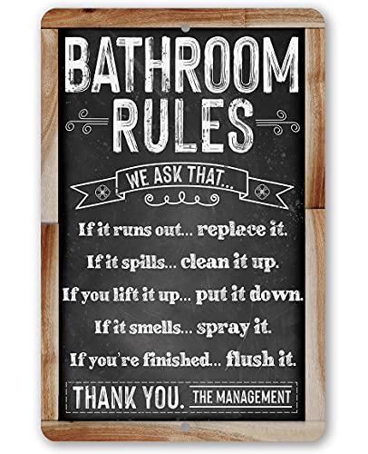 Bathroom Rules - Classic Bathroom Rules Signage, Toilet and Restroom Decorations, Farmhouse Wash Room Decor and Great Housewarming Gift, Chalkboard Style 8x12 Indoor and Outdoor Durable Metal Sign