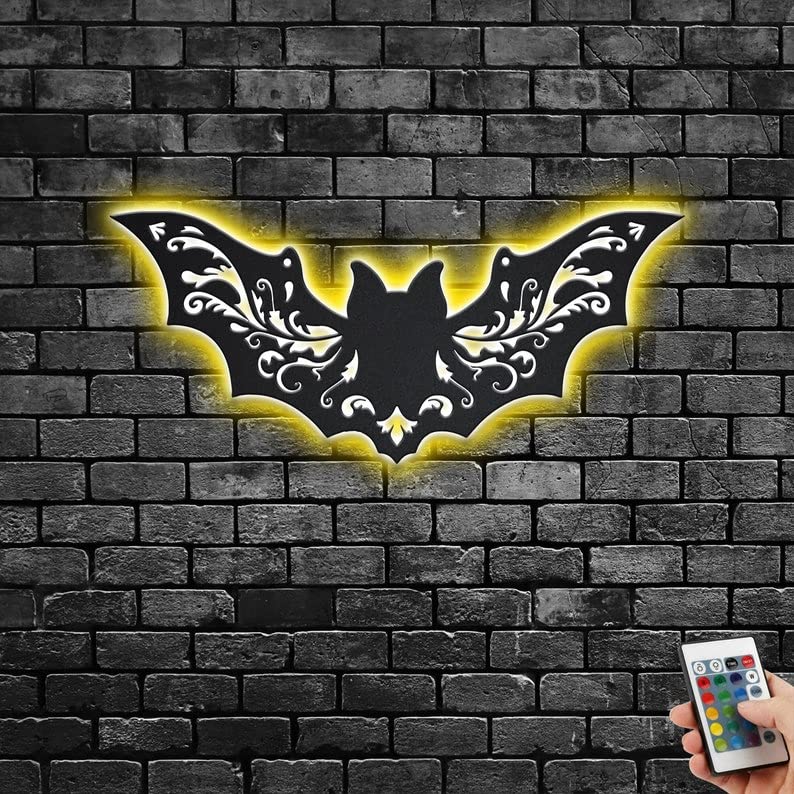 POLOMANOR Bat Swirl Metal Wall Art With LED Light, Bat Swirl Metal Sign Decoration For Living Room, Bat Swirl Metal LED Decor, Bat Swirl Wall Decor