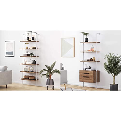 Nathan James Theo 6-Shelf Tall Bookcase, Rustic Oak/White & Theo Industrial Bookshelf with Wood Drawers and Matte Steel Frame, 3-Shelf, Oak/White