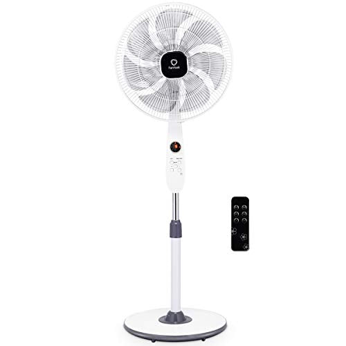 COSTWAY Pedestal Fan, 16-Inch Adjustable Oscillating Fan, Floor Standing Pedestal Fan with 7 Blades, Automatically Wind Speed, 12 Hours Time Setting, Remote Control, White (16-Inch)