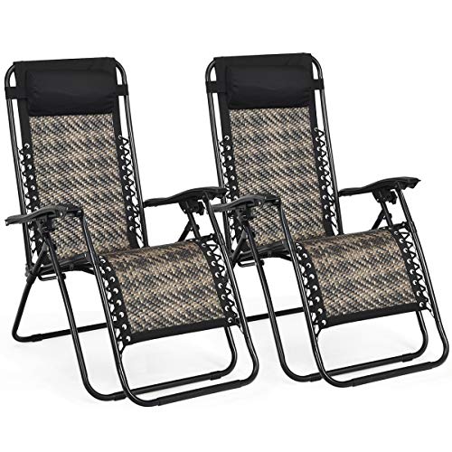 COSTWAY 2PCS Patio Rattan Zero Gravity Lounge Chair Folding Recliner Headrest Mix Grey