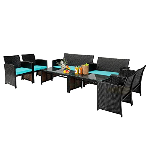 COSTWAY 8PCS Patio Rattan Furniture Set Cushioned Chair Sofa Table Turquoise