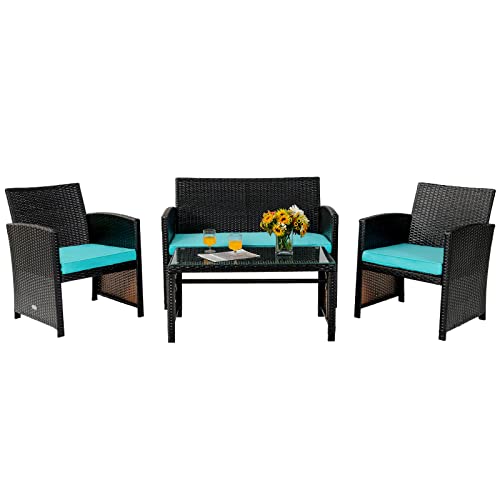 COSTWAY 4PCS Patio Rattan Furniture Set Cushioned Chair Sofa Table Turquoise