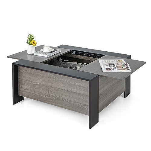 COSTWAY Sliding Top Coffee Table with Hidden Storage, 36.5Ó Square Pull Out Center Table with 5 Support Feet, Extendable Cocktail Table for Small Space, Living Room, Office (Grey)