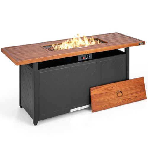 COSTWAY 57" Gas Fire Pit Table, 50,000 BTU Outdoor Patio Propane Fire Table, Rectangular Fire Pit with Wood-Like Tabletop, Lid and Lava Rocks, Suitable for Poolside, Garden, Balcony