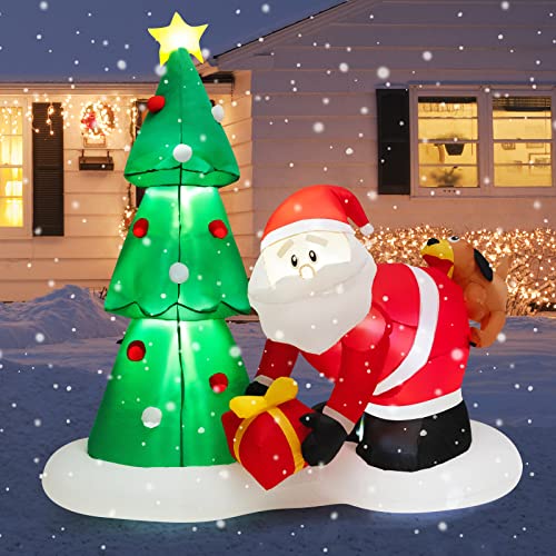 COSTWAY 7FT Blowup Christmas Tree with Santa Claus Chased by Dog Inflatable Decoration