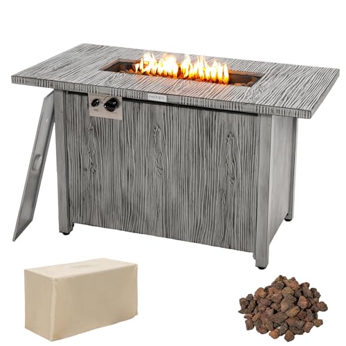 COSTWAY 43" Propane Fire Pit Table, 50,000 BTU Outdoor Propane Gas Fire Table w/Wood Grain Tabletop, Rectangular Propane Firepit w/Waterproof Cover for Balcony, Garden, Backyard