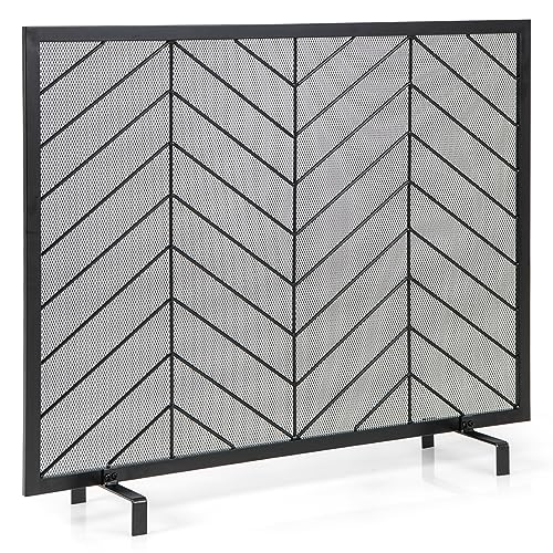 COSTWAY Single Panel Fireplace Screen, 38.5x31-in Handcrafted Wrought Iron Mesh Chevron Fire Spark Guard with Detachable Support Feet, Metal Fame, Fireplace Cover for Living Room, Bedroom DŽcor, Black