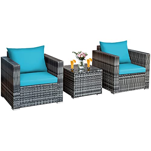 COSTWAY 3 PC Patio Rattan Furniture Bistro Set Cushioned Sofa Chair Turquoise