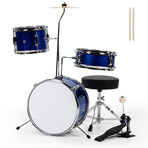 COSTWAY Kids Drum Set, 16Ó Junior Drum Kit with Bass/Snare/Toms/Floor Drum, Hi-Hat, Cymbal, Pedal, Seat, Drumsticks, 3 PCS ChildrenÕs Beginner Drum Instrument for Age 3-12 (Blue)