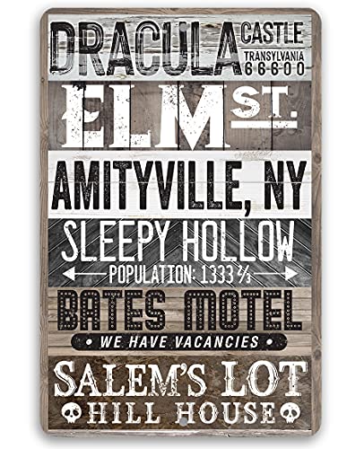 Halloween Towns Signs - Spooky Halloween Parties Accessories, Horrific Haunted Mansion Decoration, Creepy Home Display and Gift Idea, 8x12 Indoor or Outdoor Wood Style Look Metal Tin Sign