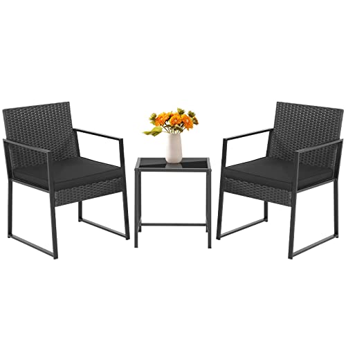 COSTWAY 3pcs Patio Furniture Set Heavy Duty Cushioned Wicker Rattan Chairs Table Outdoor Black