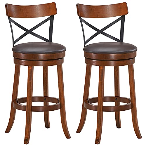 COSTWAY Bar Stool Set of 2, 360-Degree Swivel Solid Wood Stools with Soft Cushion & Backrest, 29.5ÓHeight Kitchen Counter Bar Stools for Kitchen Island, Pub, and Restaurant (2, 29in)