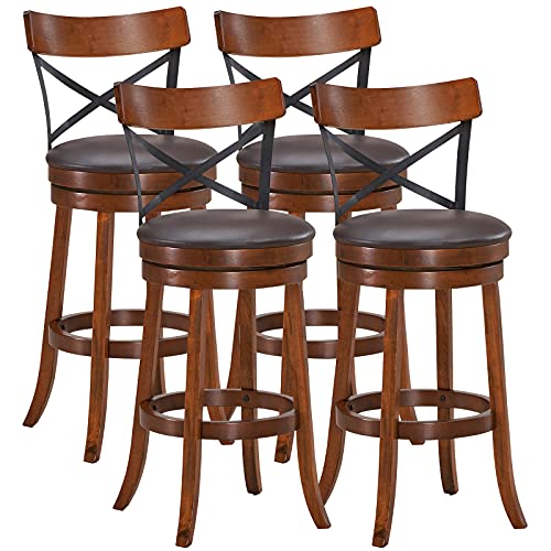 COSTWAY Bar Stool Set of 4, 360-Degree Swivel Solid Wood Stools with Soft Cushion & Backrest, 29.5Ó Height Kitchen Counter Bar Stools for Kitchen Island, Pub, and Restaurant (4, 29in)