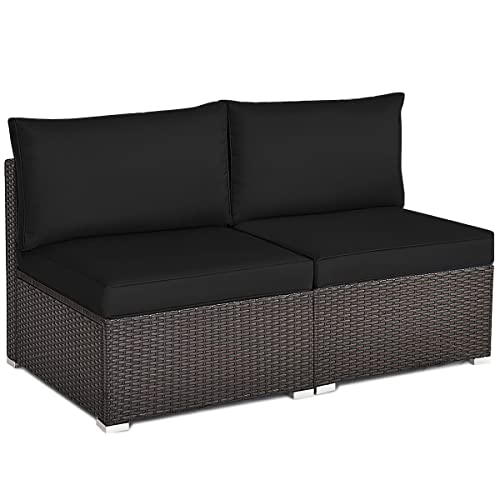 COSTWAY 2PCS Patio Rattan Armless Sofa Sectional Furniture Conversation W/Black Cushion