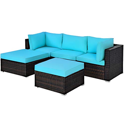 COSTWAY 5PCS Patio Rattan Furniture Set Sectional Conversation Set Ottoman Turquoise