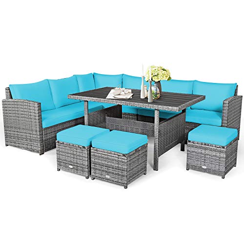 COSTWAY 7 PCS Patio Rattan Dining Set Sectional Sofa Couch Ottoman Turquoise