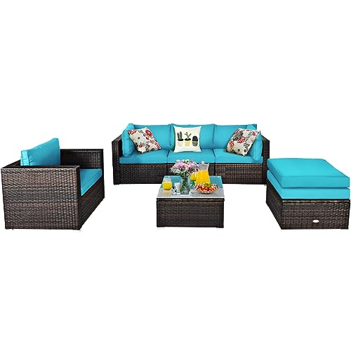 COSTWAY 6PCS Patio Rattan Furniture Set Cushion Sofa Coffee Table Turquoise