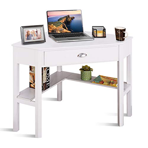 COSTWAY Corner Desk, Writing Corner Computer Desk with Drawer for Small Space, Wood Makeup Vanity Desk, Small Corner Desk with Shelves, Office Study Workstation, White Corner Desk (White)