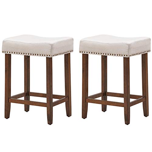 COSTWAY Saddle Stools Set of 2, 24-inch Counter Height Backless Stools with Brass Nailhead Trim, Solid Wood Legs, Foot Rest, Max Load 264 Lbs, Upholstered Bar Chair for Kitchen Island Pub, Beige