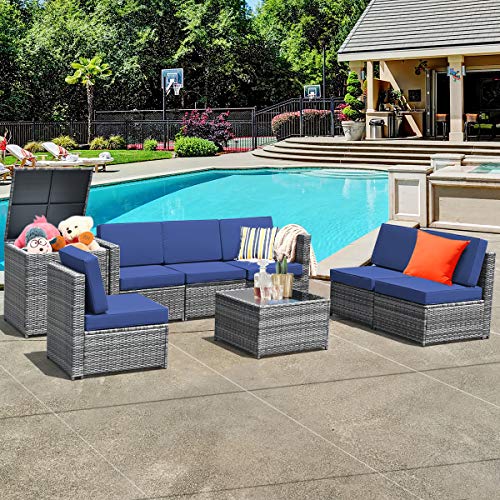 COSTWAY 8 PCS Wicker Sofa Rattan Furniture Set Patio Furniture w/Storage Table Navy