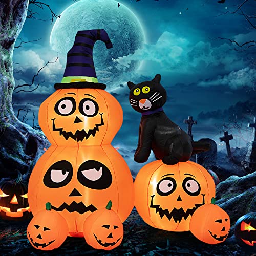 COSTWAY 6 FT Inflatable Pumpkin Combo with WizardÕs Hat & Cat with Built-in LED Light