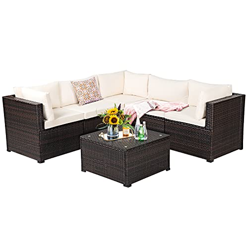 COSTWAY 6PCS Patio Rattan Furniture Set Sectional Cushioned Sofa Deck Beige