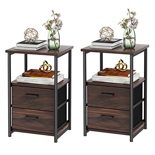 COSTWAY Nightstand Set of 2, 3-Tier Bedside Sofa Side Table with 2 Fabric Drawers and Open Shelf, Industrial End Table for Bedroom, Living Room, Dormitory