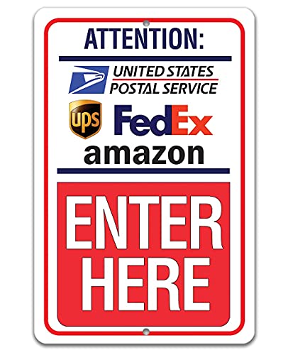 Delivery Instructions - Enter Here - 8"x12" Metal Sign - Deliveries Here Sign, Package Delivery Signs for Home, Delivery Signs for Packages, Informative Bring Packages Here Sign for Delivery Services