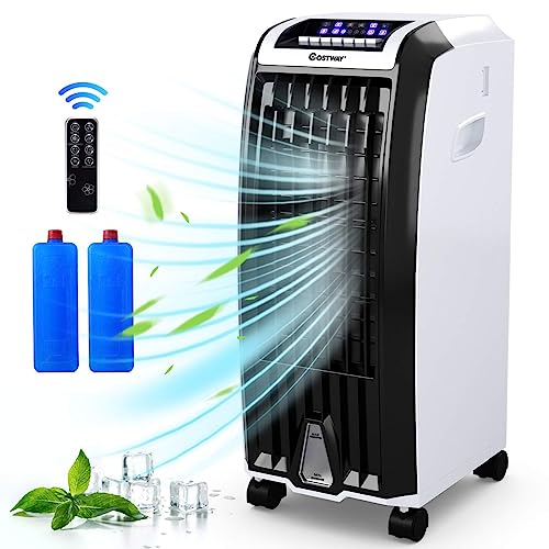 COSTWAY Evaporative Cooler, 4-in-1 Cooling, Fan, Humidifier and Anion, with 3 Wind Modes, 3 Speeds, 7.5H Timer, Portable air cooler with Remote, Built-in Handle, 4 Wheels for Home, Office