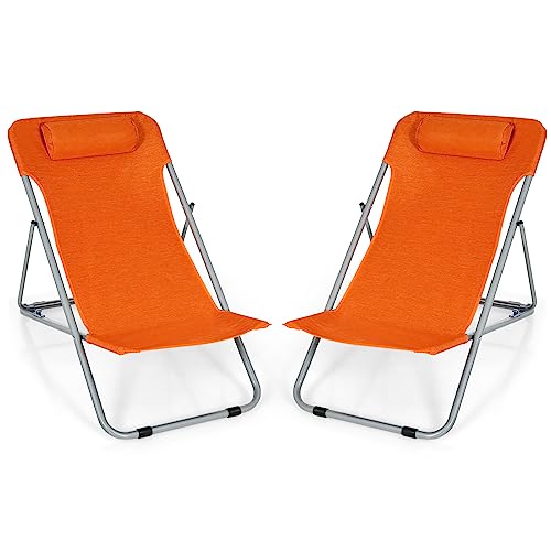 COSTWAY Set of 2 Beach Chair Portable 3-Position Lounge Chair w/Headrest Orange