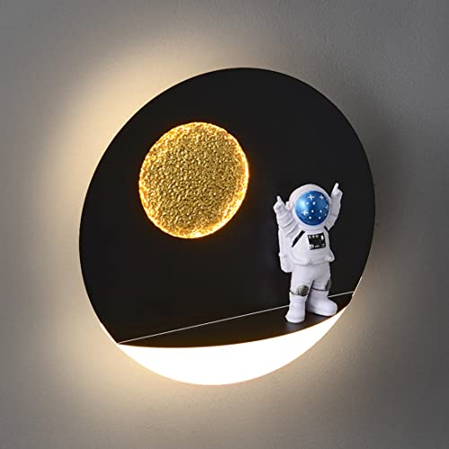 Wall lamp,Modern Round Children's Room Wall Light 12W Astronaut Bedside Lamp with Metal Lampshade Creative Wall Mounted Nursery Lighting Cartoon Décor Kid Lamp Boy Girl Bedroom Baby Night Light,Black