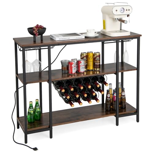 COSTWAY Wine Bar Cabinet, 3-Tier Home Mini Bar for Liquor w/Power Outlets, Glass Holder, Wine Rack, Anti-Tipping Kit, Metal Coffee Bar Table for Home Apartment Kitchen Living Room Pub (Brown)