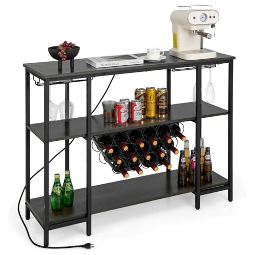 COSTWAY Wine Bar Cabinet, 3-Tier Home Mini Bar for Liquor w/Power Outlets, Glass Holder, Wine Rack, Anti-Tipping Kit, Metal Coffee Bar Table for Home Apartment Kitchen Living Room Pub (Black & Grey)