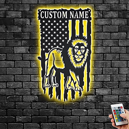 Custom US Lion Metal Wall Art With LED Light, Personalized Lion Name Sign Decoration For Room, Lion Metal LED Decor, Custom Lion Metal Sign