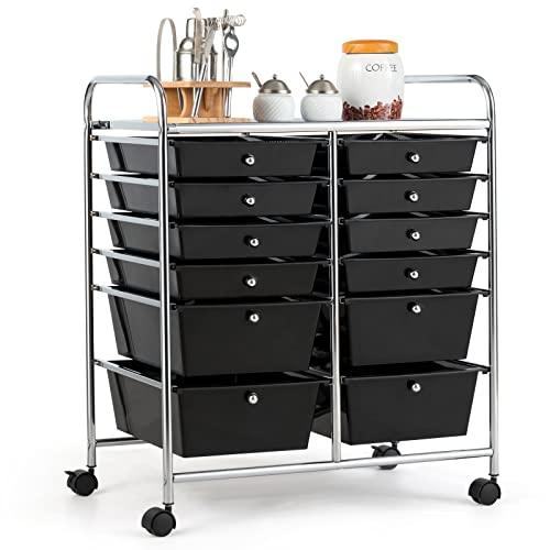 COSTWAY 12-Drawer Rolling Storage Cart, Moveable Art Craft Organizer W/Lockable Wheels, Metal Shelf, Files Arrangement Tools Makeup Storage Cart for Office, Home, School (Black)