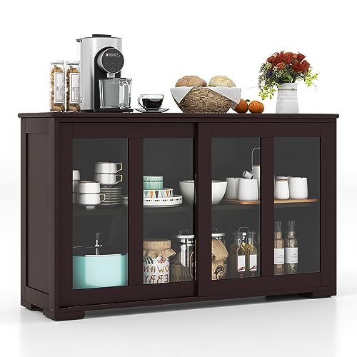 COSTWAY Buffet Sideboard with Storage, 2-Door Floor Cupboard with Sliding Tempered Glass Cabinet & Adjustable Shelf, Stackable Storage Cabinet for Kitchen, Entryway (Brown)