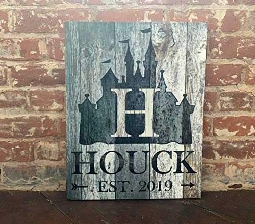 Disney Castle, Inspired Monogram Canvas, Our Magical Kingdom, Custom Home Decor, Family Name with Established Date, Rustic Woodgrain Background Featuring Disney Castle