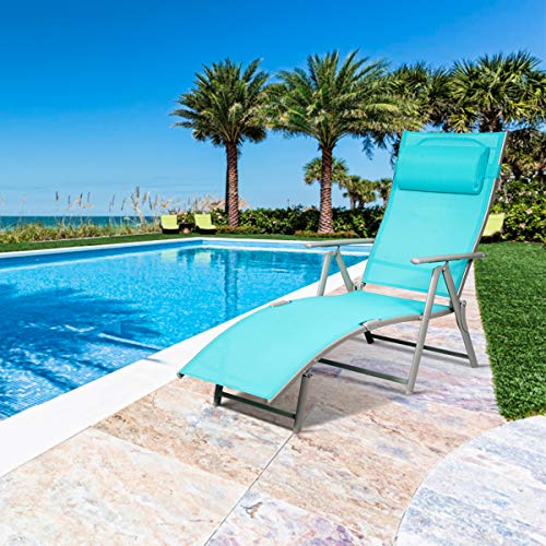 COSTWAY Outdoor Folding Chaise Lounge Chair Lightweight Recliner w/Cushion Turquoise