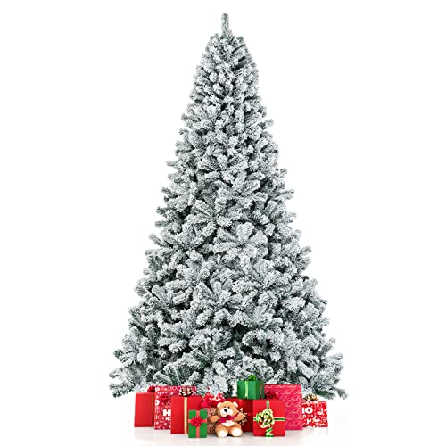 COSTWAY 9 Ft Artificial Christmas, Premium PVC Xmas Full, Flocked Snow Pine Tree with Solid Metal Stand, Ideal for Indoor and Outdoor