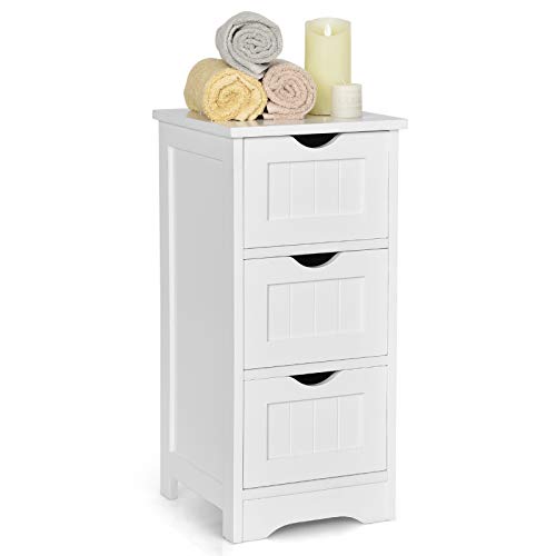 COSTWAY Bathroom Storage Cabinet, Space-Saving Slim Storage Cabinet with 3 Drawers, Freestanding Wooden Narrow Floor Cabinet for Living Room Bathroom Bedroom Entryway (White)