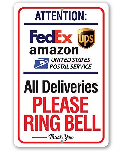 Delivery Sign for Package and Box Deliveries - Please Ring Bell Instructions - Directional Deliveries Sign for Home Office, Porch Entryway Gate Signage, 12x18 Aluminum Safe Use Indoors or Outdoors