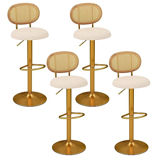 COSTWAY Bar Stools Set of 4, 360¡ Swivel Adjustable Height Barstools with PE Rattan Backrest, Metal Footrest, Upholstered Velvet Seat, 4-Pack Bar Chairs for Kitchen Island Bistro Pub Dining Room, Gold