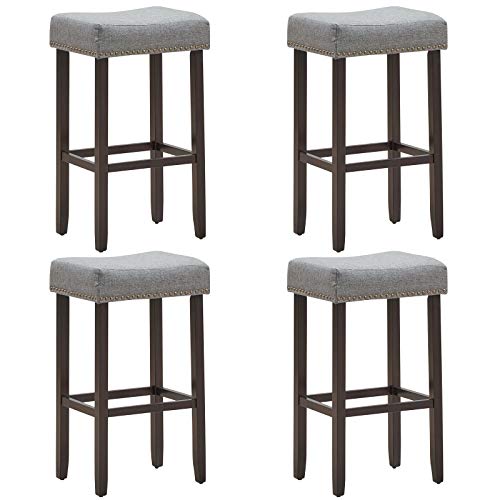 COSTWAY Counter Height Bar Stools Set of 4, 29-inch Height Backless Saddle Stools with Brass Nailhead Trim, Thick Cushion, Solid Wood Legs, Modern Bar Stools for Kitchen Island Bistro, Grey