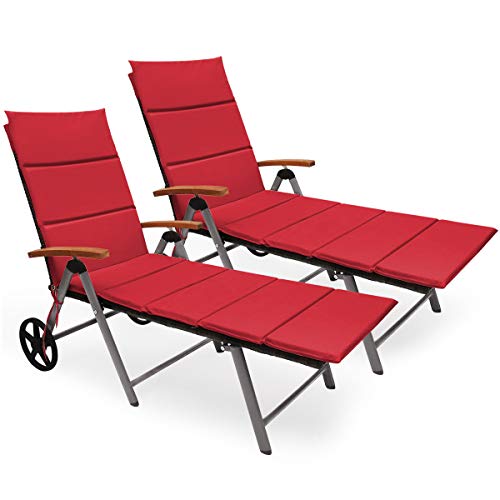 COSTWAY 2PCS Patiojoy Folding Patio Rattan Lounge Chair Aluminum Adjustable Wheel Red