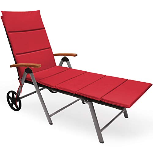 COSTWAY Folding Patio Rattan Lounge Chair Cushioned Aluminum Adjust Wheel Red