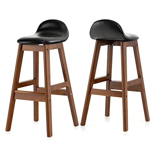 COSTWAY Bar Stools Set of 2, 27.5 inch Counter Height Bar Stools with Upholstered PU Leather, Padded Seat & Back Cushion, Rubber Wood Legs, Mid-Century Farmhouse Stools for Bar, Kitchen Island (2)