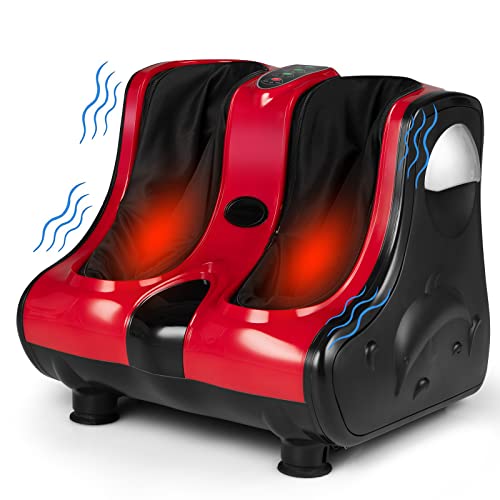 COSTWAY Foot and Calf Massager, Shiatsu Heated Electric Foot Massager with Heating, Vibration, Deep Kneading, Tilt Base, Washable Sleeves, Leg Massager for Relaxation, Foot Pain Relief (Black and Red)